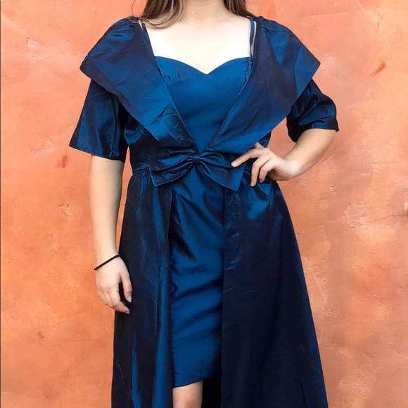Vintage 1980s Prom Dress + matching maxi coat. Blue Taffeta Prom dress Evening P - Picture 2 of 6